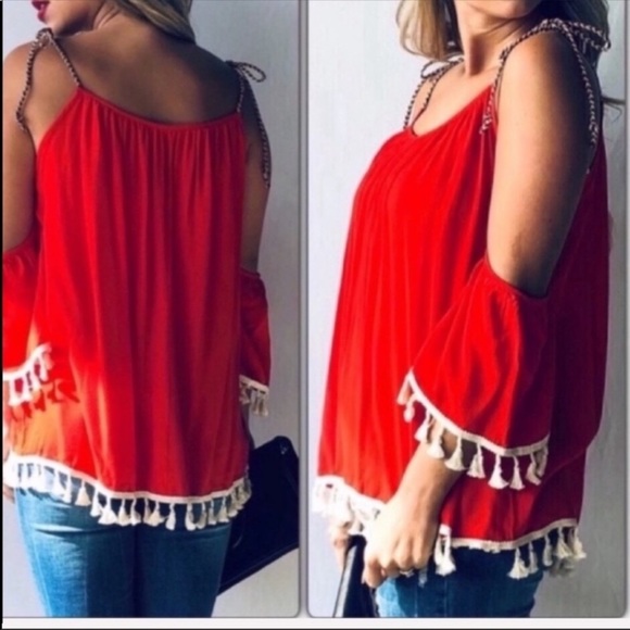 Red Tasseled Cold Shoulder Spaghetti Str… - Picture 3 of 4
